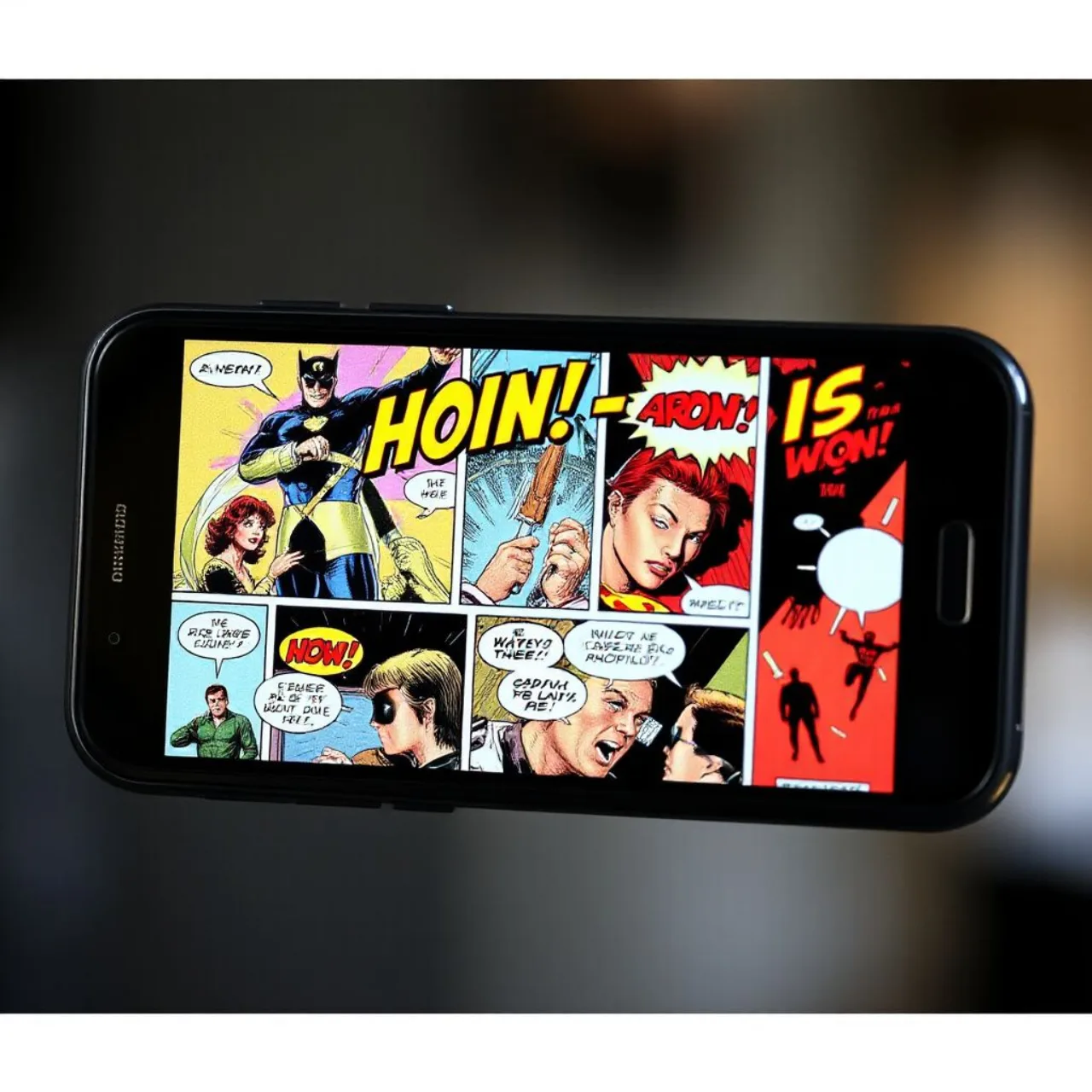 Smartphone exibindo o novo app da WEBTOON com o logo da Marvel ao lado dos ícones de quadrinhos