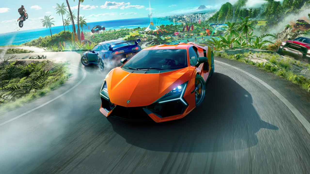Jovem em roupa esportiva joga The Crew Motorfest no Switch 2, segurando halteres e garrafa d'água ao lado