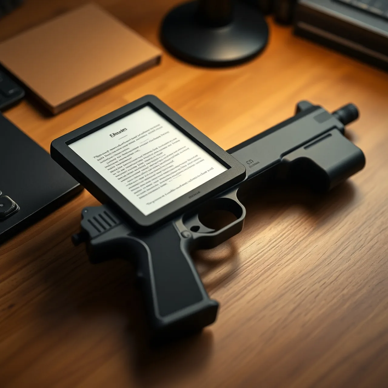 Um e‑reader xteink x4 com capa Gundle em forma de Glock 19, apoiado sobre um haltere de ferro ao lado de uma garrafa de água