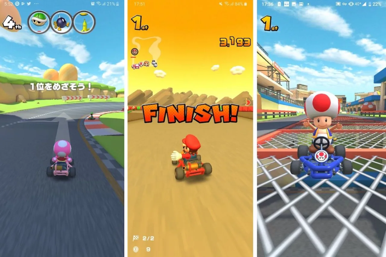 Corredor segurando smartphone com Mario Kart Tour aberto, usando fone e garrafa d'água