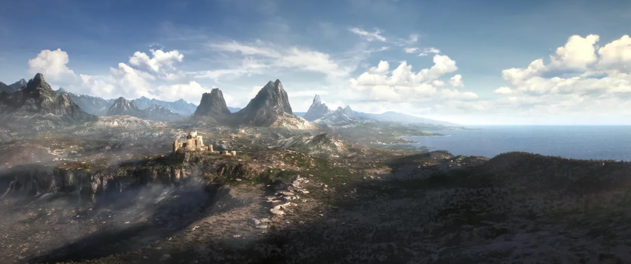 Pessoa em roupa esportiva faz agachamento segurando controle de Xbox, ao fundo tela com mapa de Tamriel