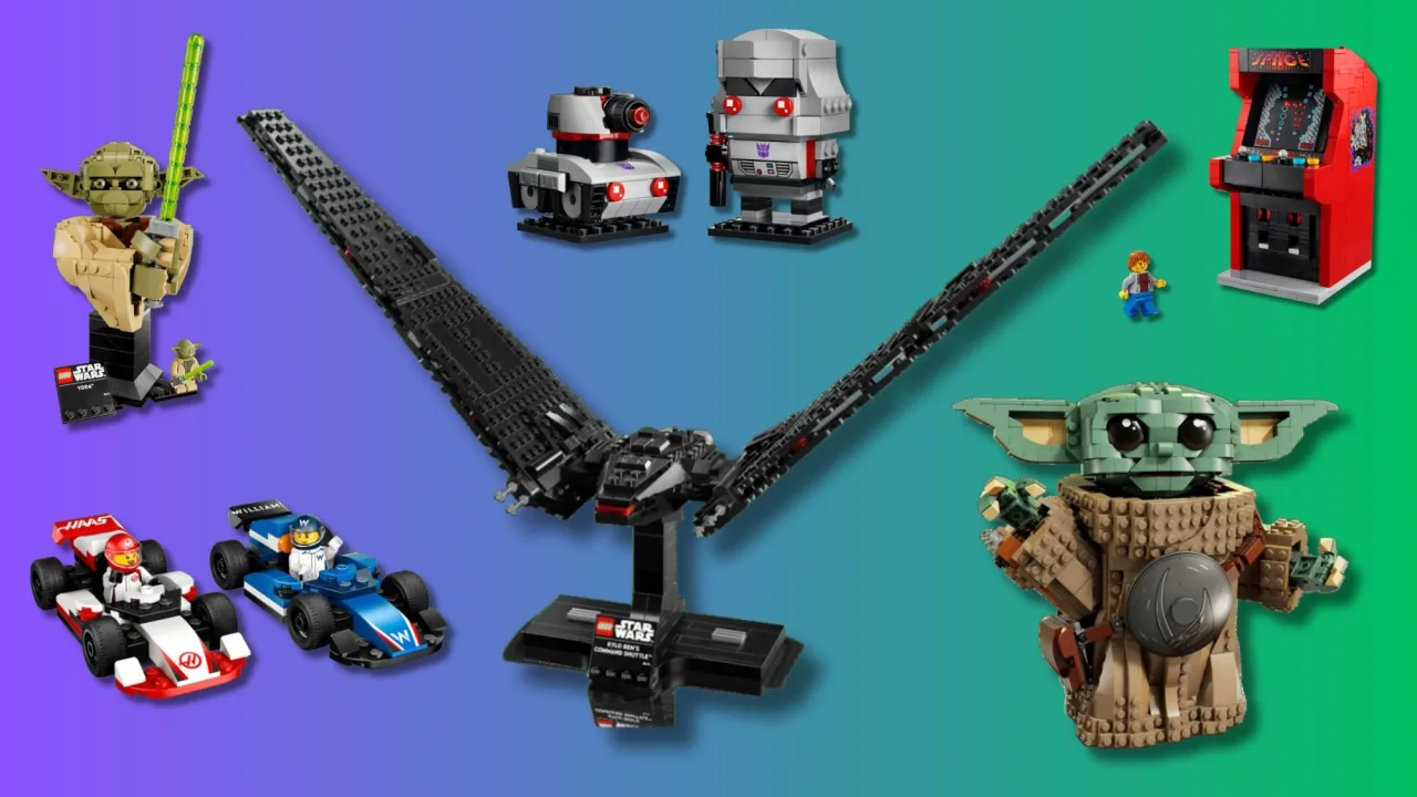Conjunto LEGO de Star Wars ao lado de um carro de F1 e o castelo da Disney, todos com etiquetas de até 40% off
