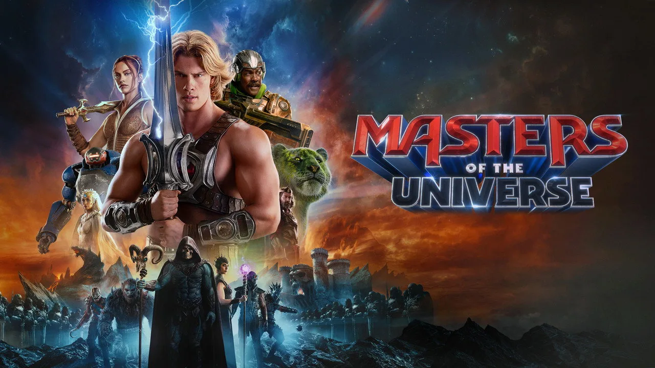 Homem em roupa de treino fazendo flexão, com poster de Masters of the Universe ao fundo