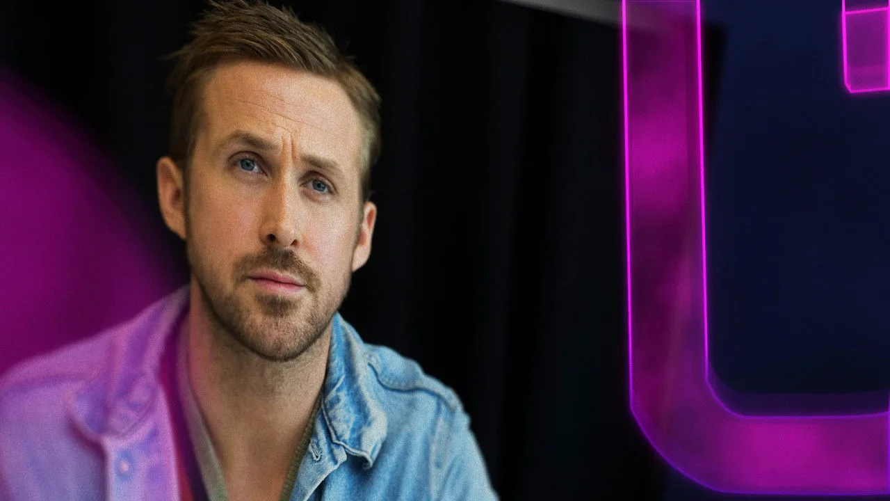 Ryan Gosling corre em esteira futurista com sensores de saúde, ao lado de um shake de proteína e uma garrafa metálica