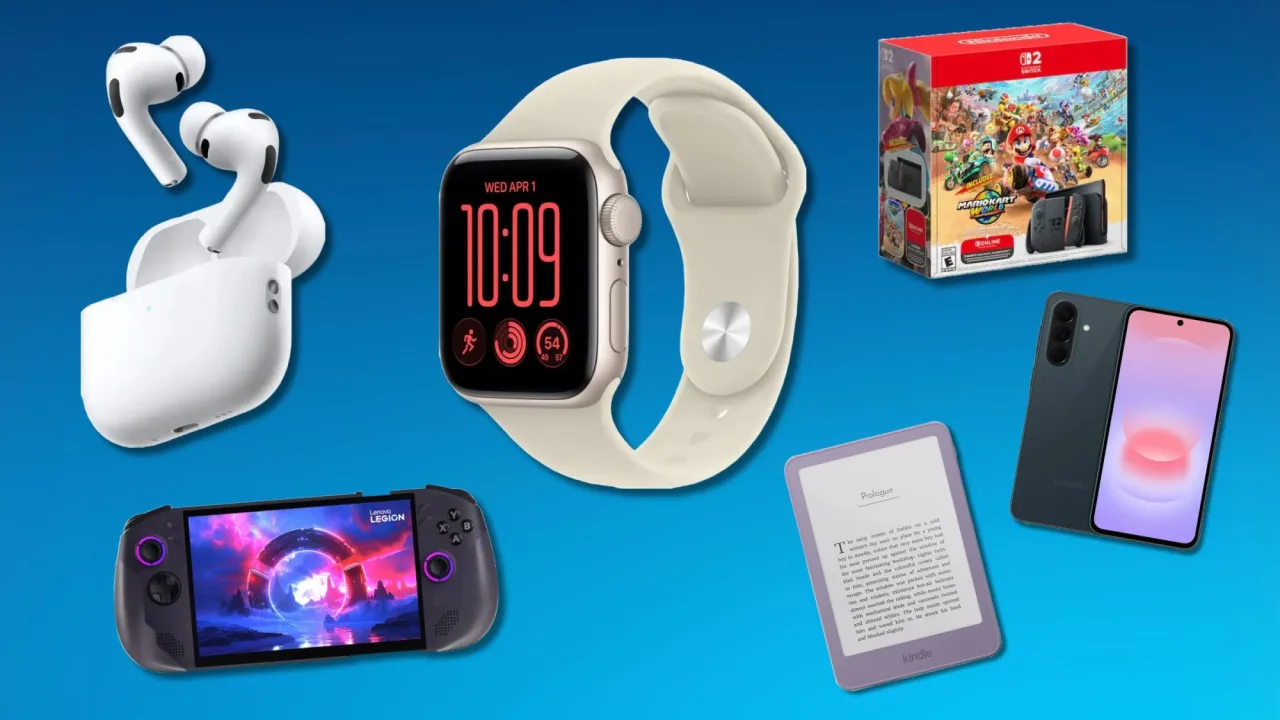 Banner da Best Buy com logo e selo ‘Techtober Sale’, exibindo smartphone, fone, laptop, console e e-reader em promoção