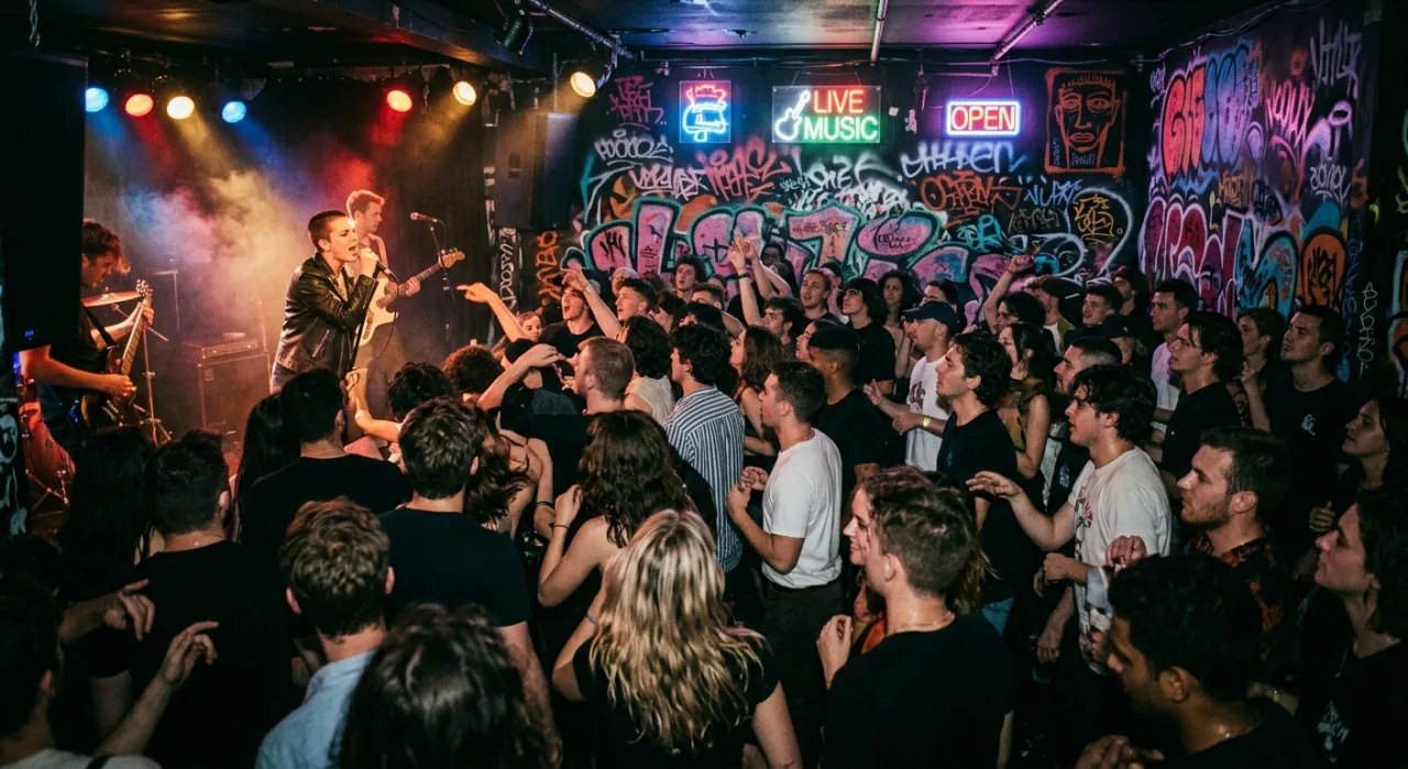 Um braço fantasma musculoso levanta barra de ferro em academia com grafite punk e luzes neon