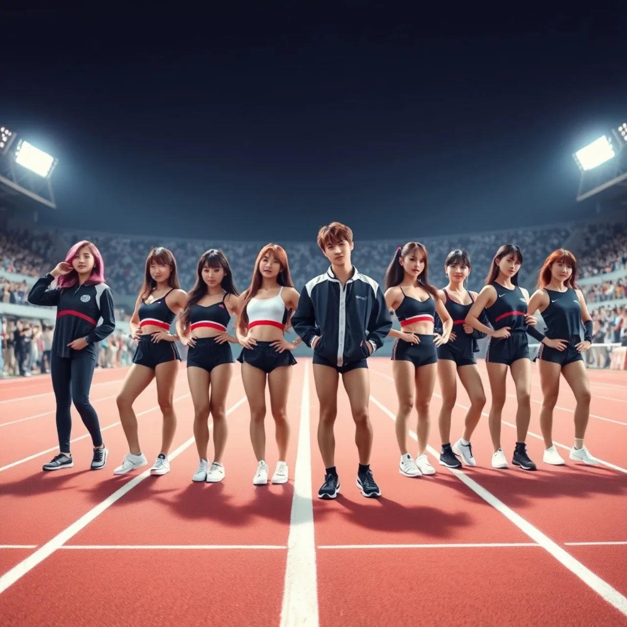 Idolos coreanos em trajes esportivos, segurando halteres e vestindo uniformes de corrida, ao fundo banners do ISAC