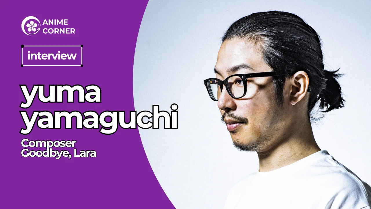 Yuma Yamaguchi em estúdio, com fones de ouvido, ao fundo arte promocional de Goodbye, Lara