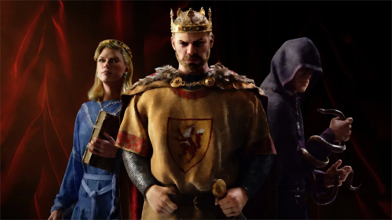 Um mapa detalhado de Thedas com ícones de exércitos, castelos e símbolos das 40 culturas, sobreposto ao logo de Crusader Kings III