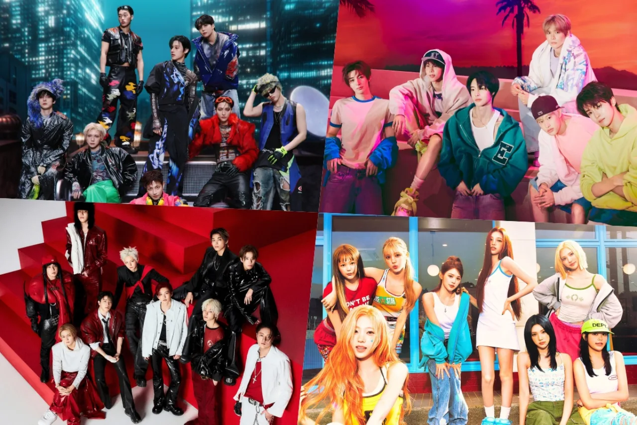 Jovens praticam coreografia de K‑pop em academia, suando, com halteres, tapete de yoga e luzes neon