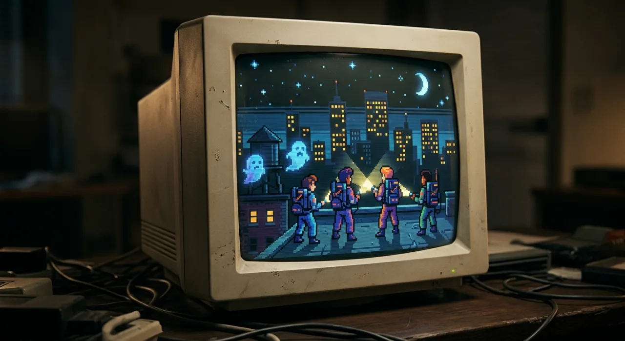 Tela do Ghostbusters II no Commodore Amiga, mostrando o logo dos Caça‑Fantasmas e o Ecto‑1 em gráficos originais