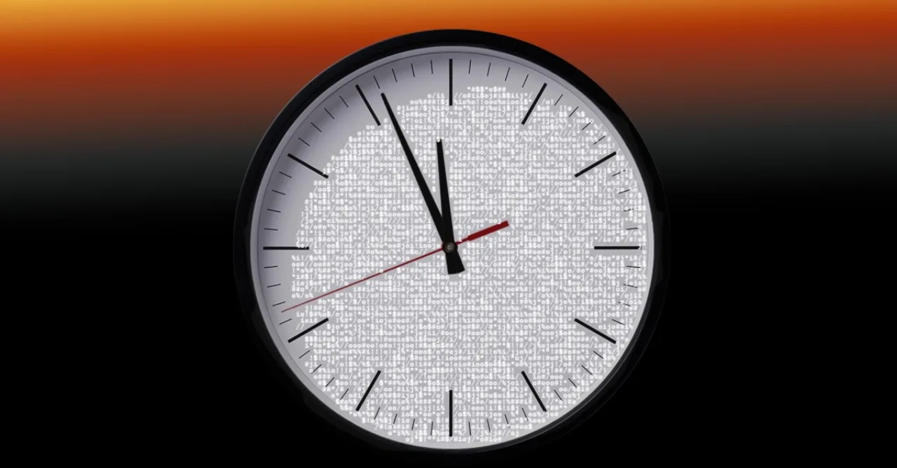 Relógio atômico digital ao lado de um globo terrestre, com o logotipo do BIPM e a frase “leap second” riscada