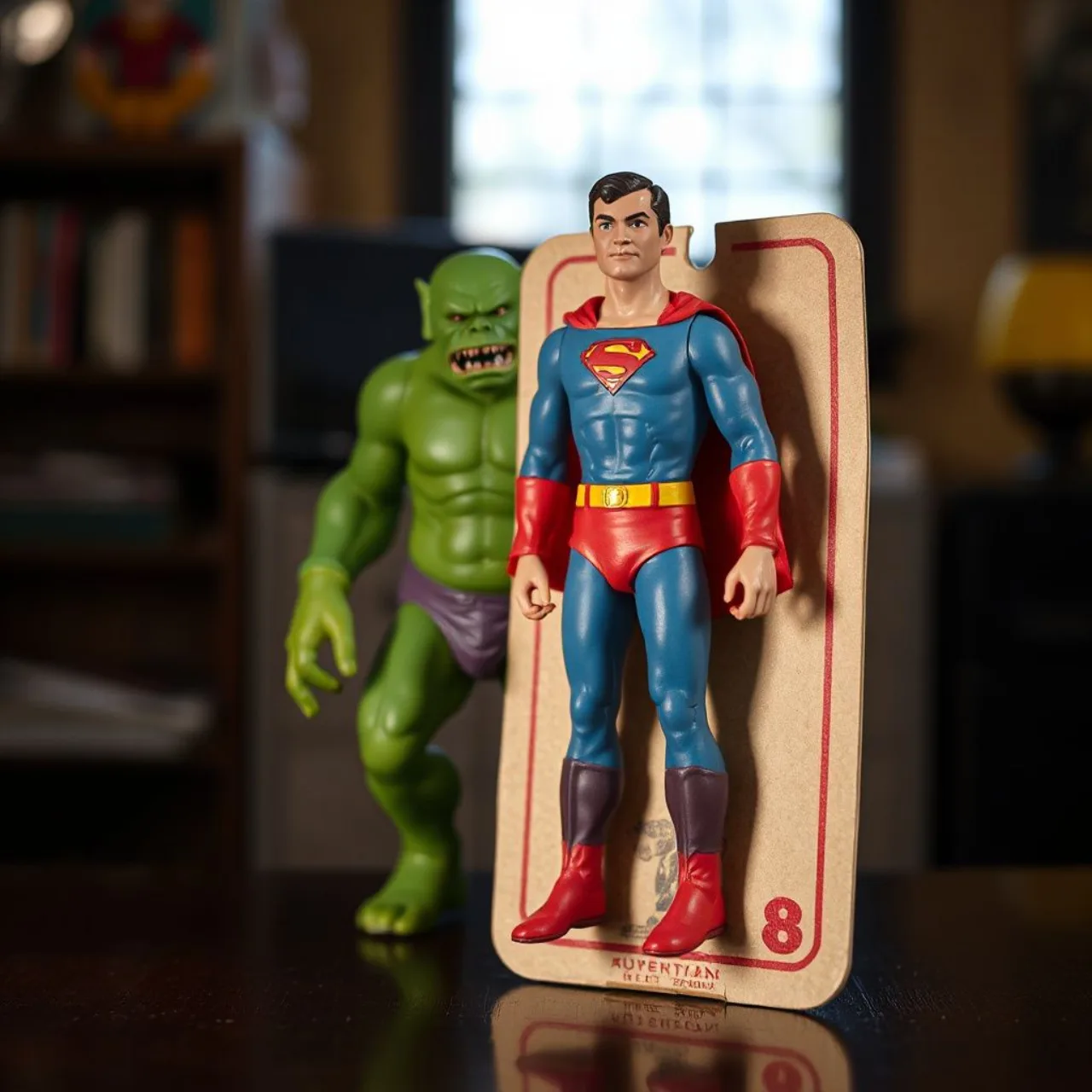 Figura Mego 1978 do Homem-Aranha com o Hulk impresso no verso, exibida em vitrine com fundo escuro
