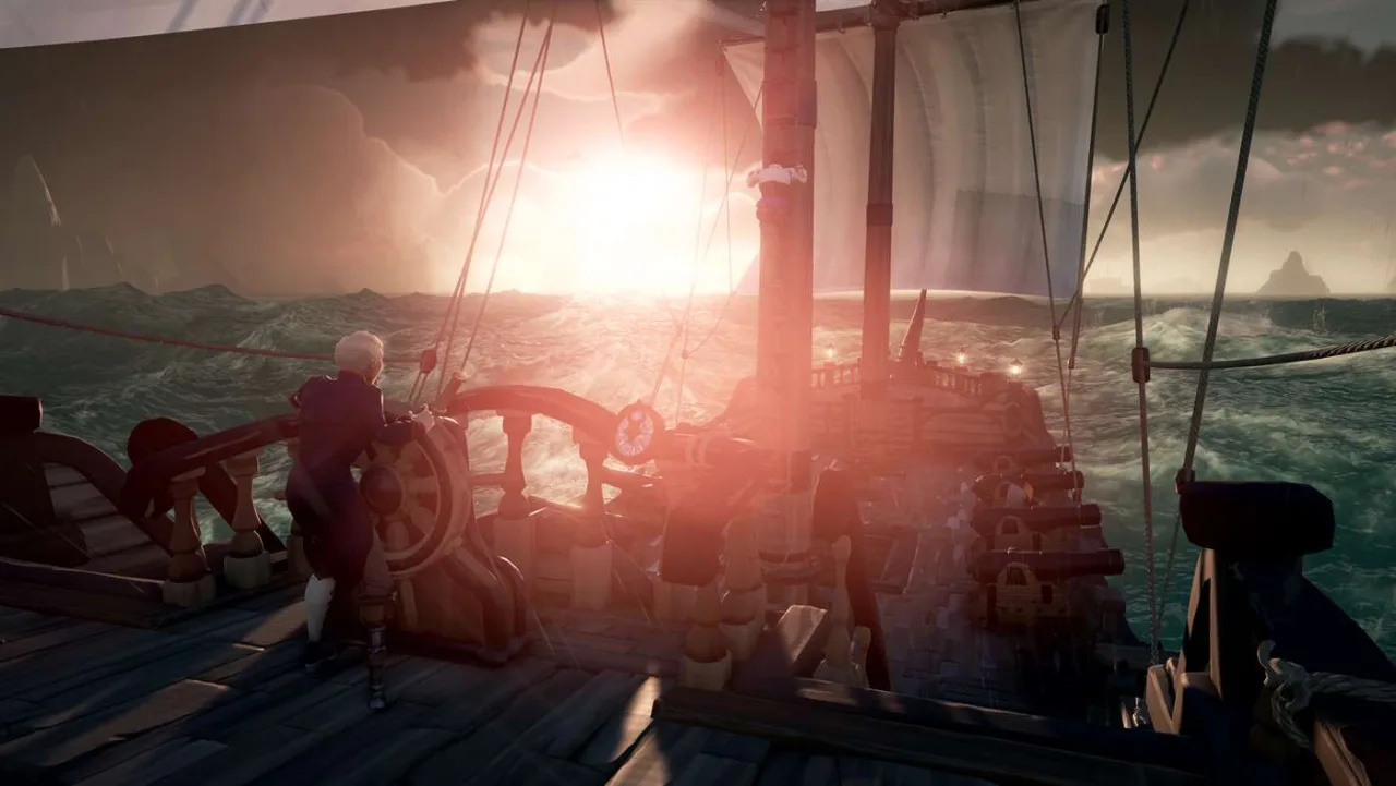 Homem em roupa esportiva joga Sea of Thieves no console enquanto segura halteres