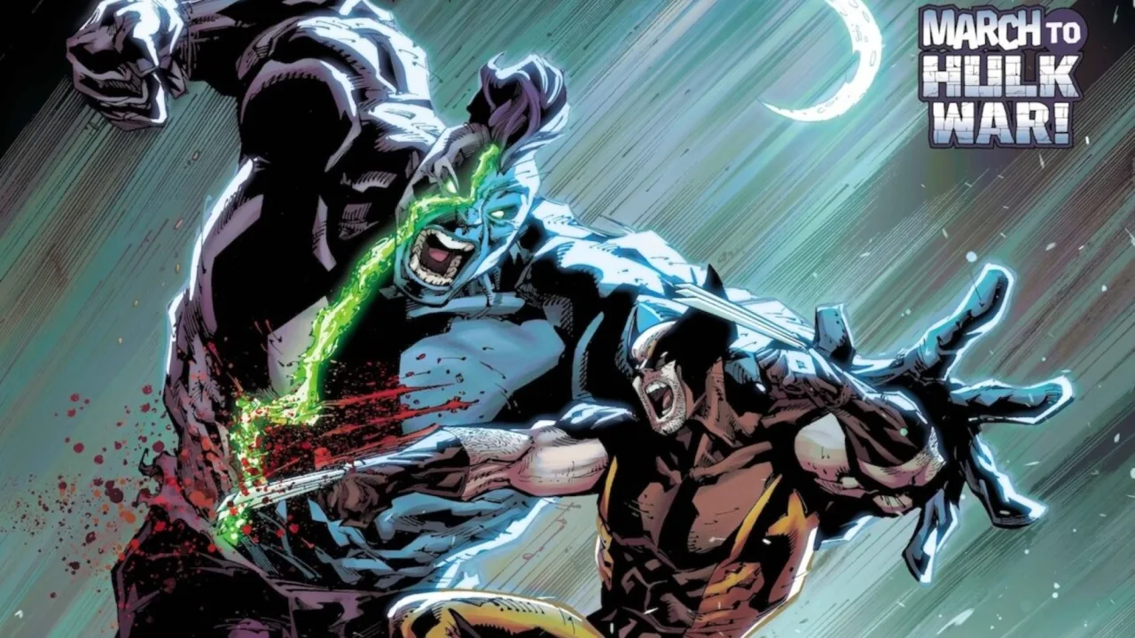 Infernal Hulk musculoso, coberto de chamas, enfrenta Wolverine com garras de adamantium, ambos ensanguentados