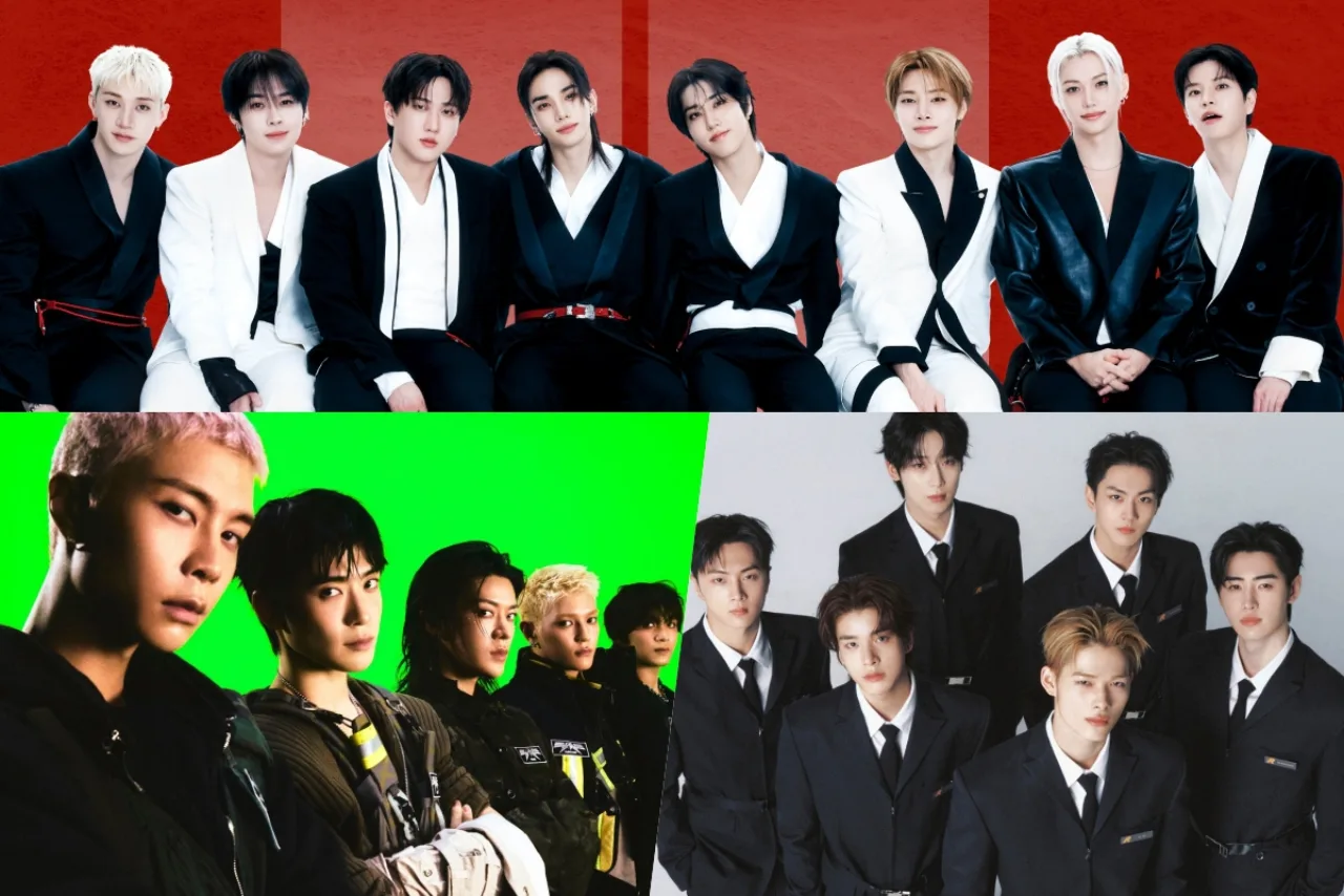 Capa do álbum de Stray Kids ao lado dos três discos de BTS, com o logotipo da Billboard World Albums ao fundo