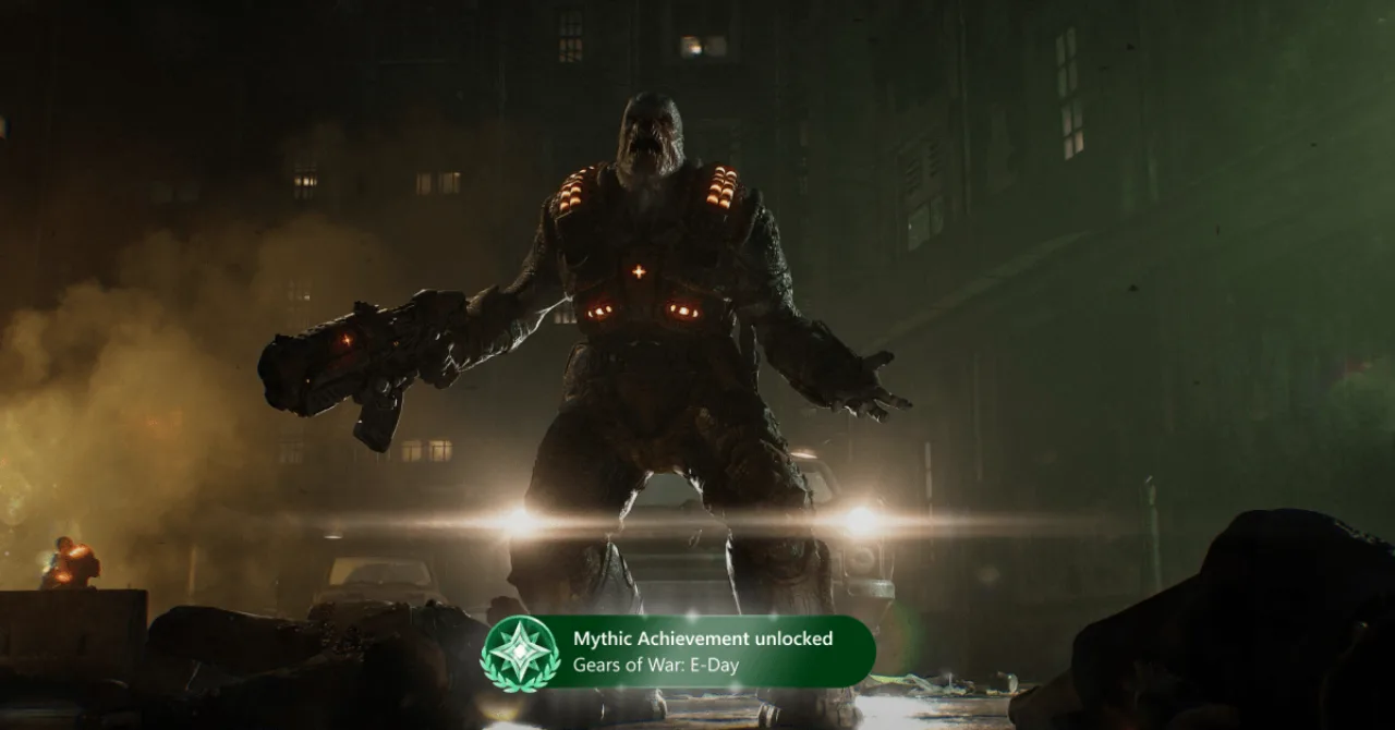 Selo dourado de Mythic Achievement ao lado do logotipo Xbox, exibindo o troféu Platinum estilo Microsoft