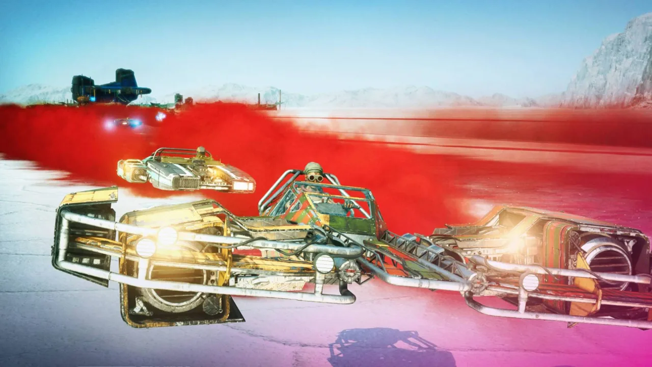 Naves de Star Wars e carro de Burnout competindo em pista futurista com explosões