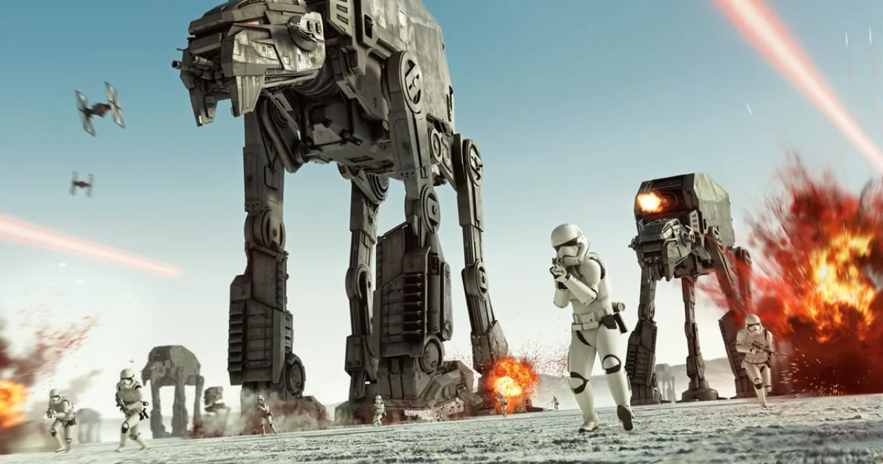 Logotipo da EA sobre emblema da BioWare desativado com destaque para arte de Star Wars Battlefront