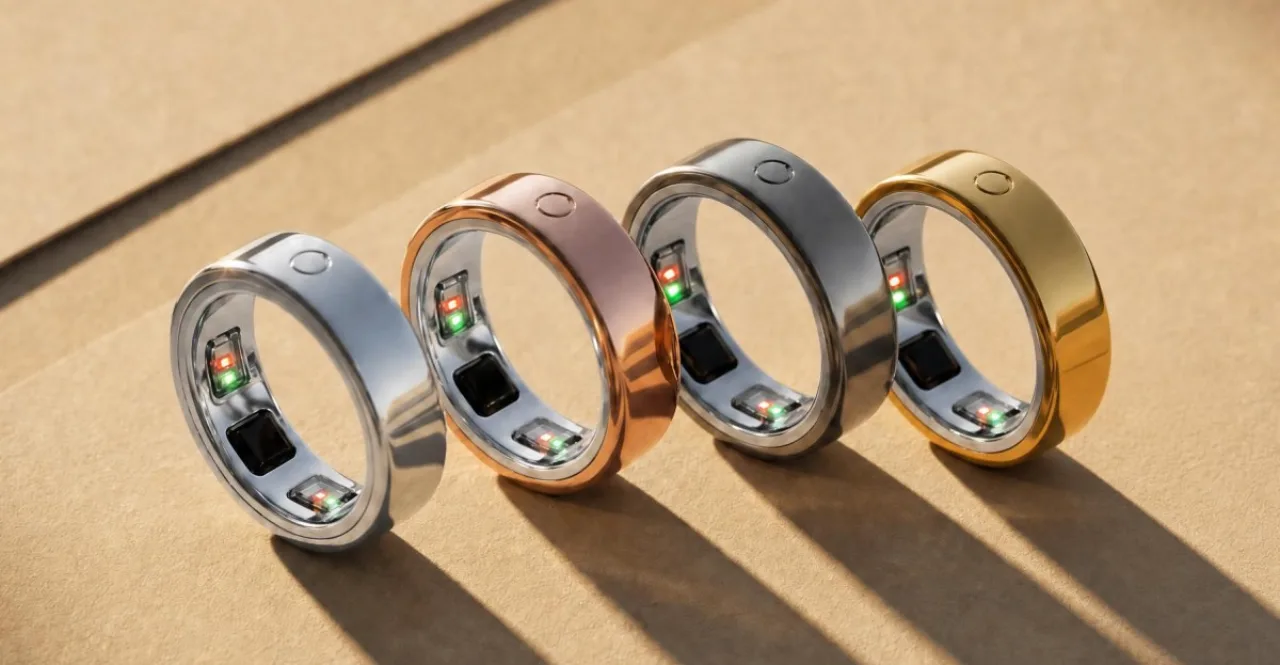 Atleta na academia levantando peso, com o Ring 3 no dedo mostrando pulsação no celular