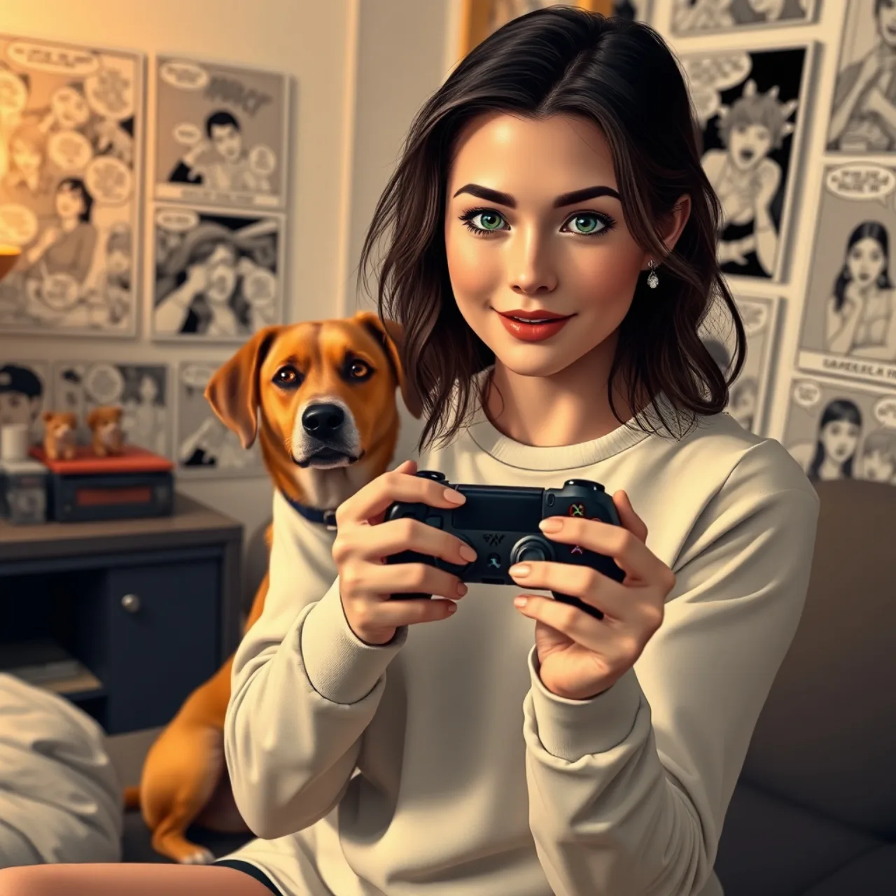 Jovem gamer sentado em cadeira ergonômica, usando fone, com halteres ao lado e monitor exibindo quadrinhos