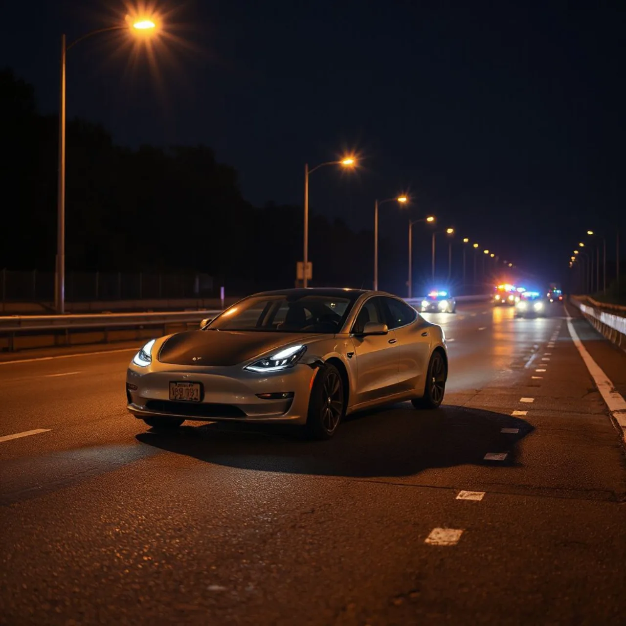 Tesla Model 3 em colisão com duas viaturas da CHP na rodovia, com luzes de emergência piscando ao fundo