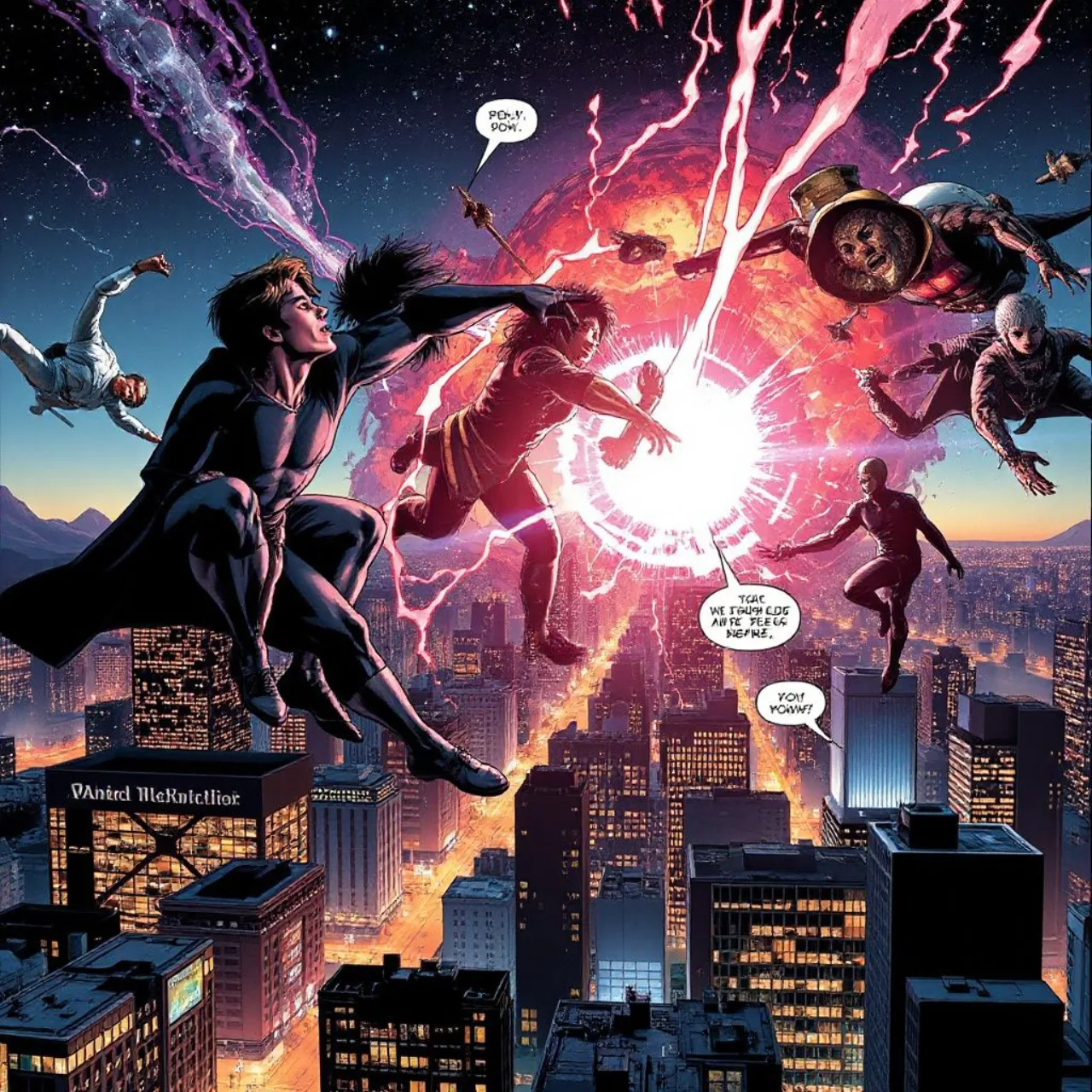 Colagem de capas de quadrinhos com versões alternativas de Superman e Homem‑Aranha e os logotipos da DC e Marvel