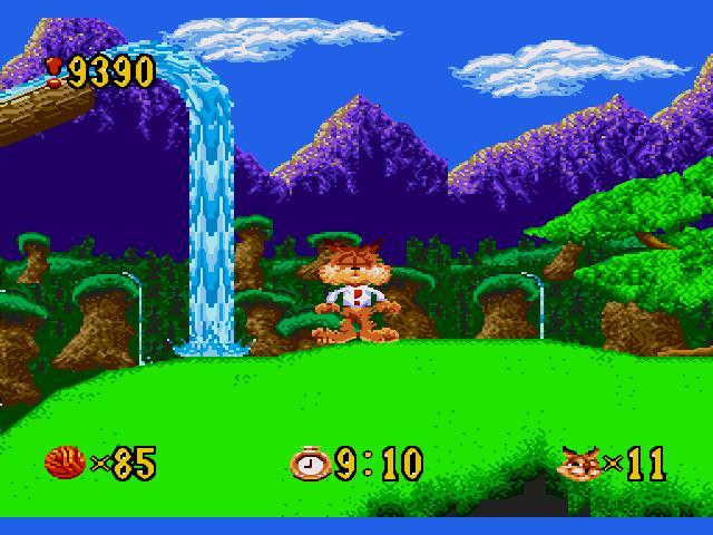 Lince Bubsy corre em uma esteira entre halteres, garrafa de água, capas do jogo de SNES e uma maçã verde
