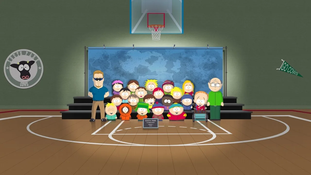 Cartman e Stan praticando exercícios em uma academia, cercados por pesos, esteiras e garrafas de água coloridas