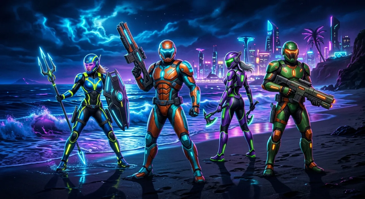 Quatro surfistas cyberpunk deslizam em ondas de neon sobre uma cidade futurista, com o logo do Surfpunk ao fundo