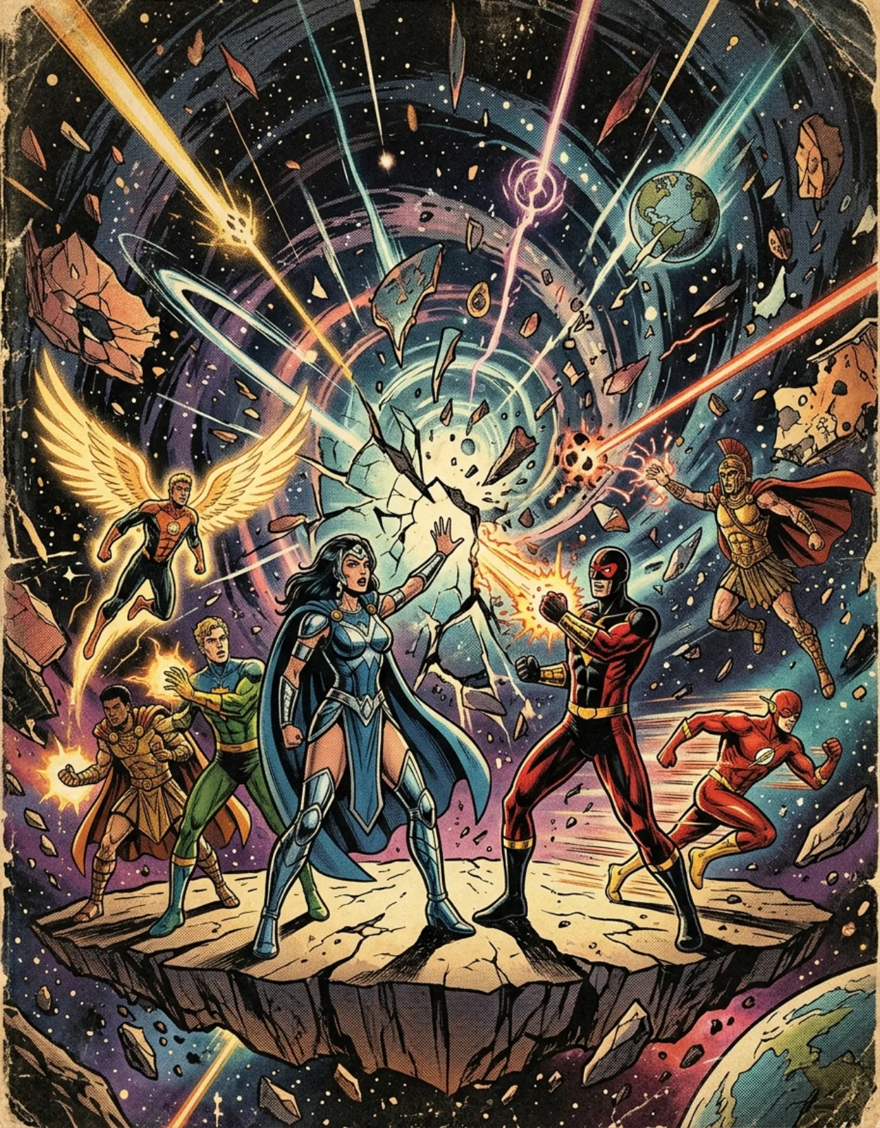 Capa da minissérie Crisis on Infinite Earths (1985) com Superman, Mulher‑Maravilha e o símbolo da DC ao fundo