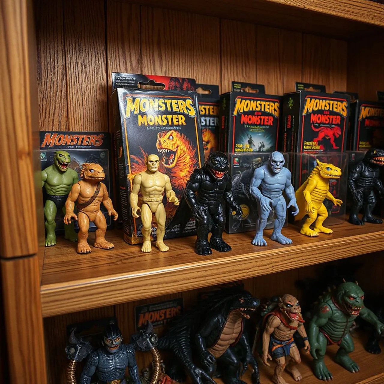 Figura de Raphael mutante em metal da Playmates 1994 ao lado da versão NECA, ambas em exibição sobre fundo escuro