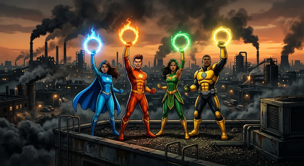 Captain Planet ergue o globo enquanto protestantes seguram cartazes contra corporações poluentes