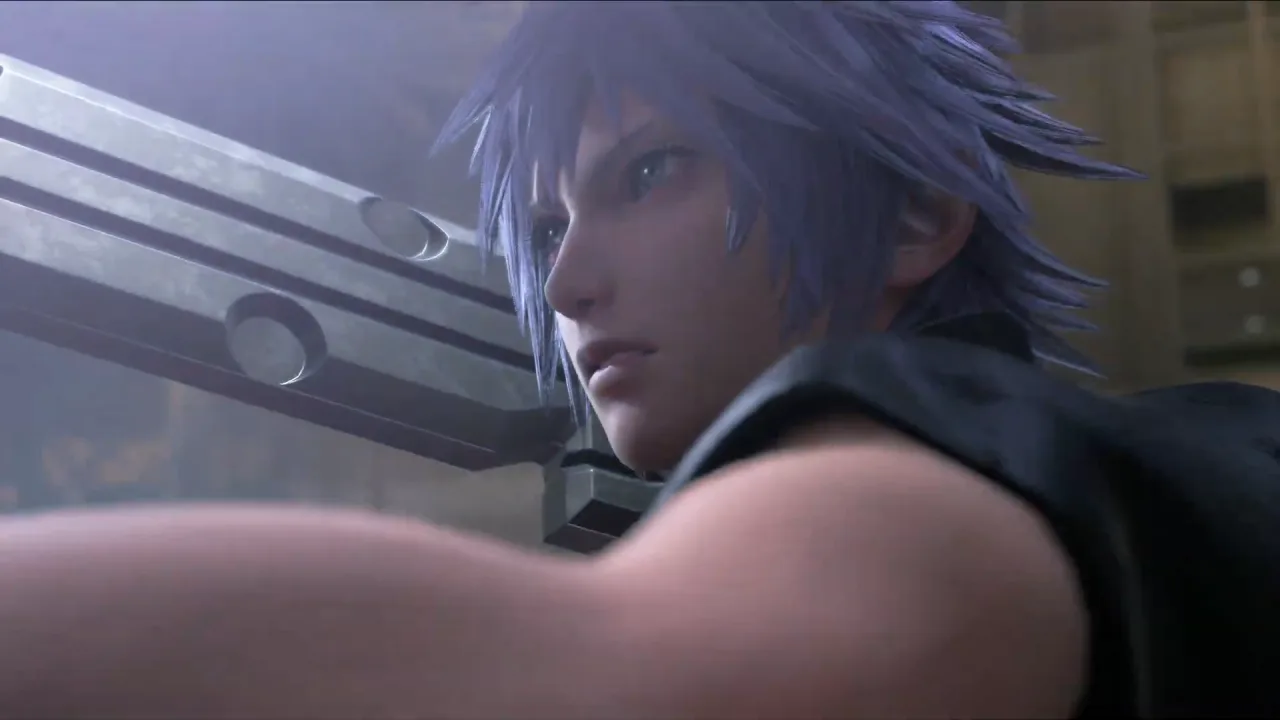 Sora e Riku segurando halteres coloridos enquanto fazem agachamento em academia iluminada