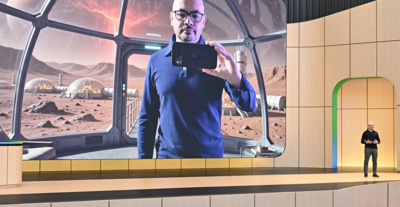 Pessoa meditando em um ambiente minimalista com um tablet exibindo gráficos complexos de redes neurais ao lado