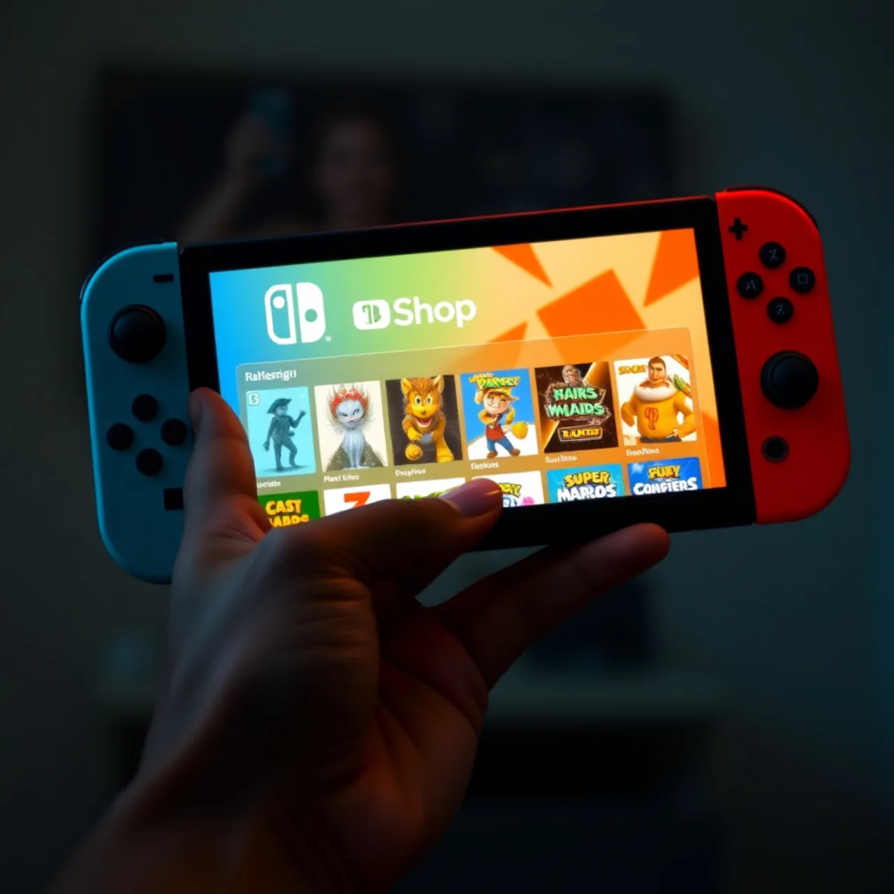 Jovem praticando exercícios de alongamento usando o Nintendo Switch em uma sala iluminada