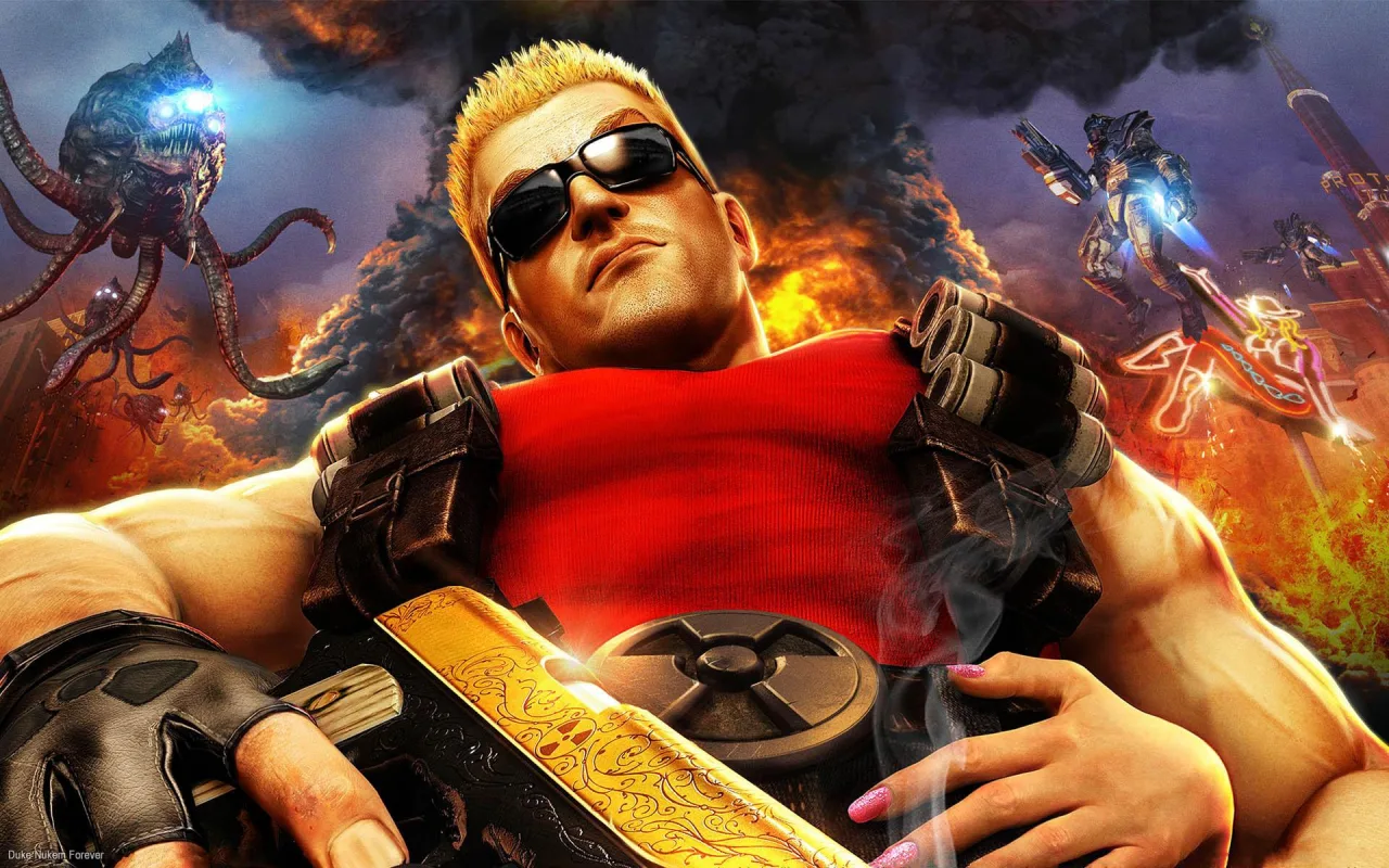 Jovem em camiseta gamer faz agachamento segurando controle, ao lado de garrafa de whey e caixa de Duke Nukem