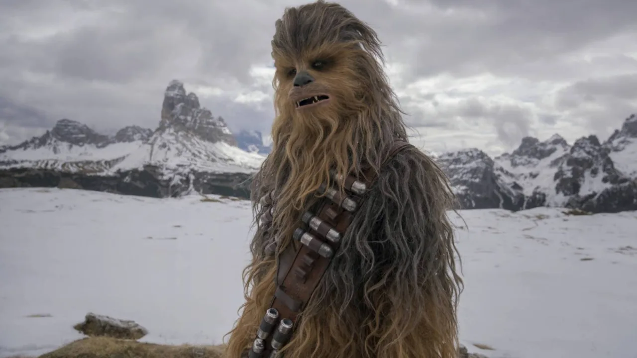 Bandolier da Kenner com Chewbacca em exibição, ao lado da caixa original e logo da Star Wars