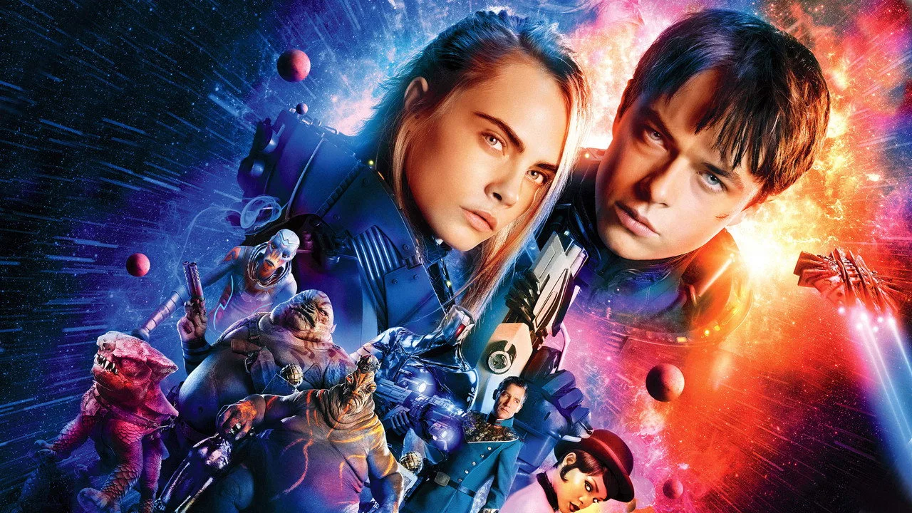 Corredor em esteira futurista, cercado por pôsteres de The Creator, Oblivion, Valerian e Ad Astra