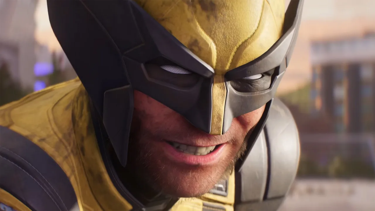 Wolverine correndo com trilhas de cheiro translúcidas ao fundo, ao lado do logo do jogo Marvel's Wolverine