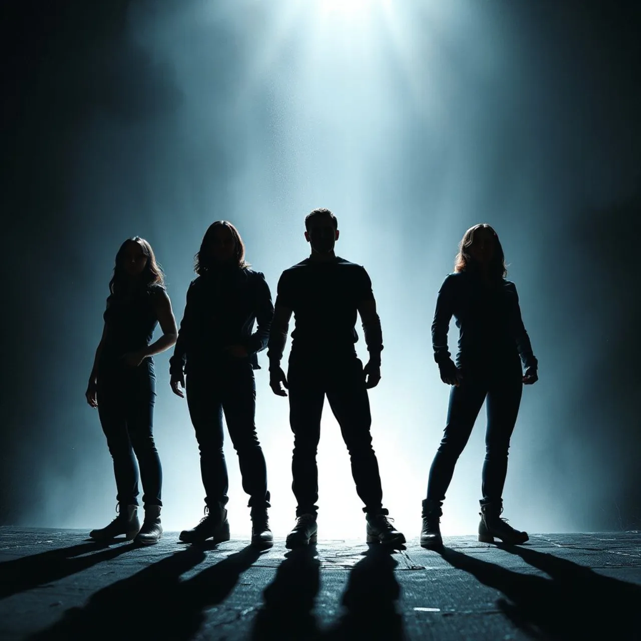 Wally West, Jericho, Hawk, Raven e Terra em trajes sombrios, ao lado do logo dos Teen Titans, sugerindo sua queda