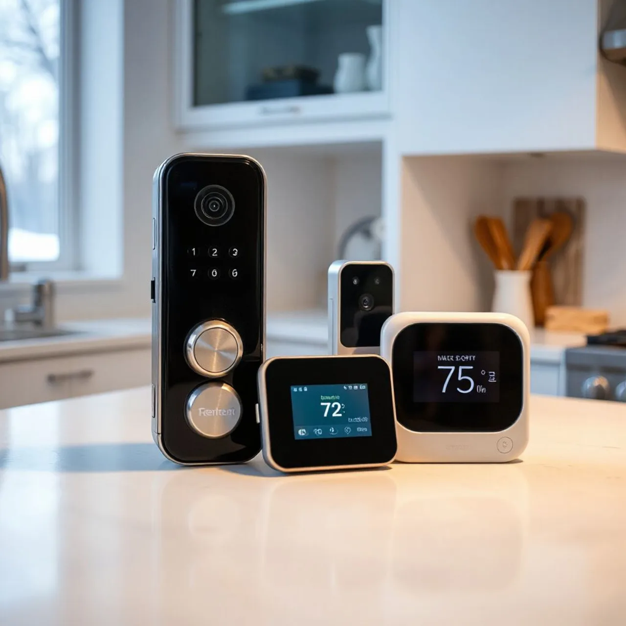 Logotipos da Apple e LG ao lado de campainha com vídeo, fechadura inteligente e termostato em casa conectada