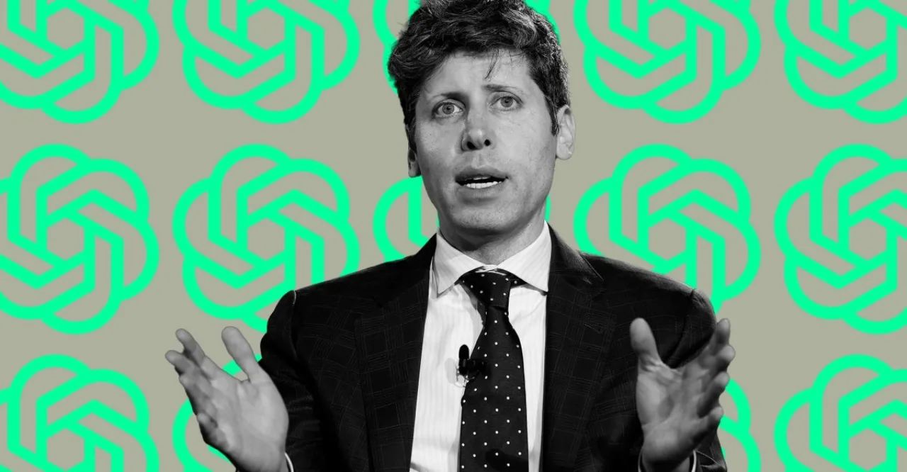 Sam Altman em estúdio, ao lado do logotipo da OpenAI, com tela mostrando gráfico de ações e selo ‘IPO adiado’