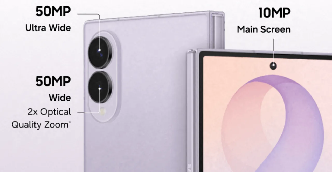 Galaxy Z Fold 8 aberto, exibindo tela ultra‑wide, com smartwatch e garrafa de água ao lado, sugerindo uso ativo