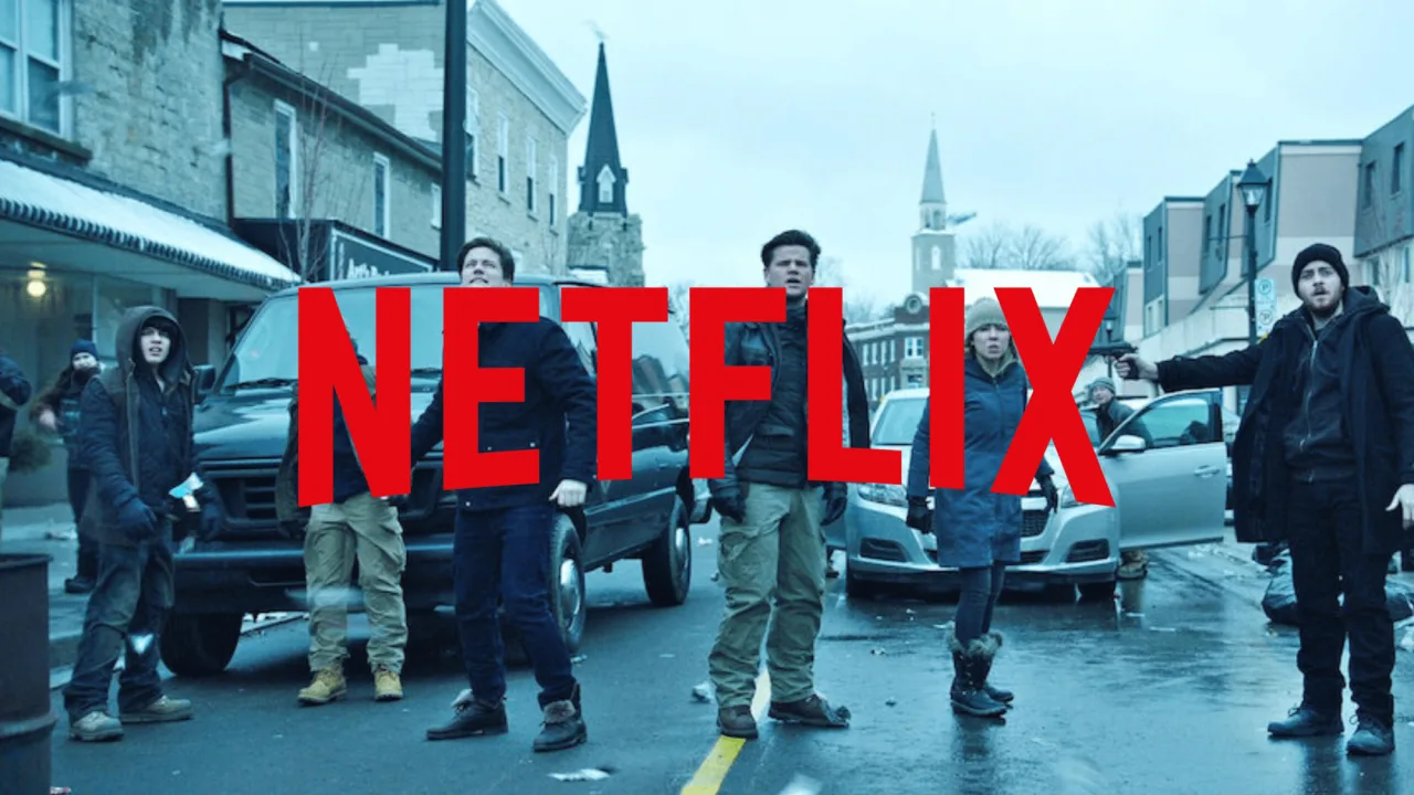 Pessoa em roupa de treino levantando halteres, com a tela da TV mostrando o logo da série “Between” da Netflix