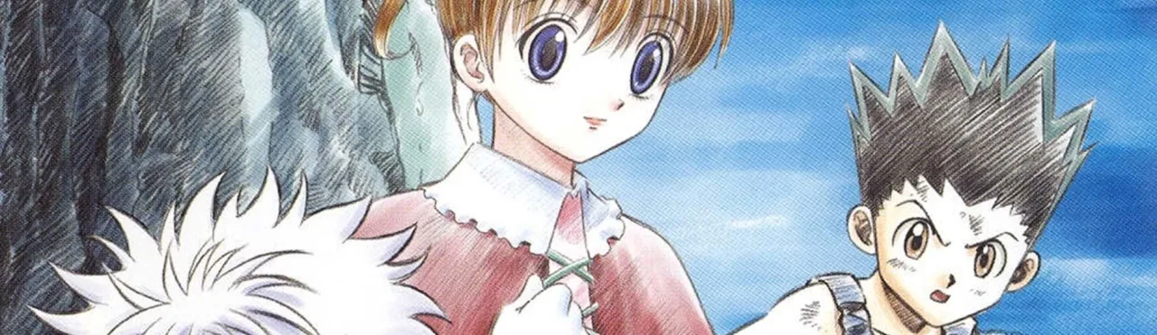Jovem fazendo flexão ao lado de uma pilha de volumes de Hunter x Hunter e uma garrafa d'água