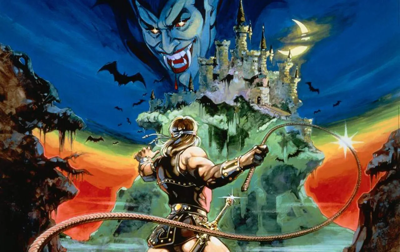 Jovem em roupa de treino joga Castlevania no console, ao lado de halteres e garrafa d'água