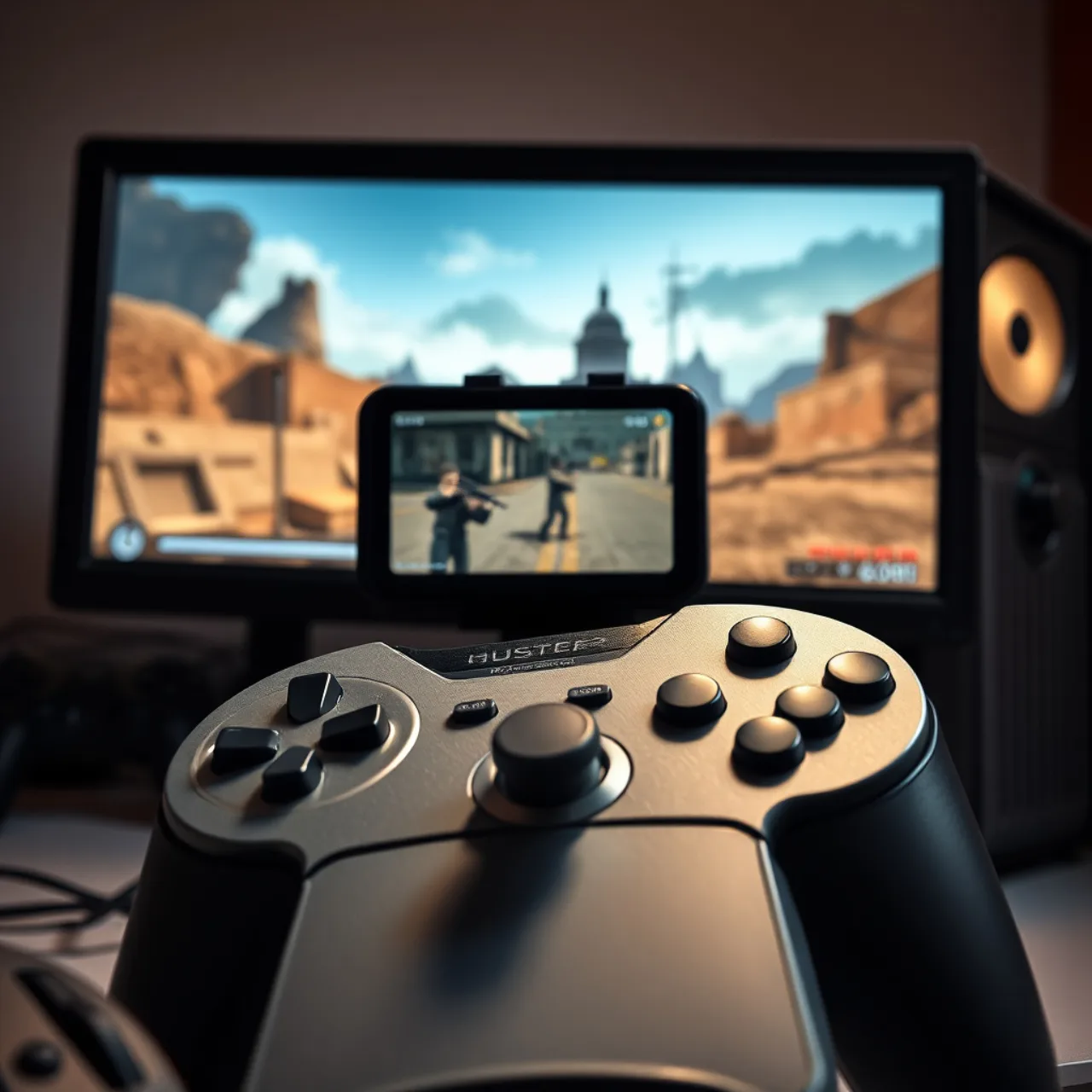Um jovem em roupa de treino faz flexões segurando um controle Xbox, com a capa de Wolfenstein 3D ao fundo