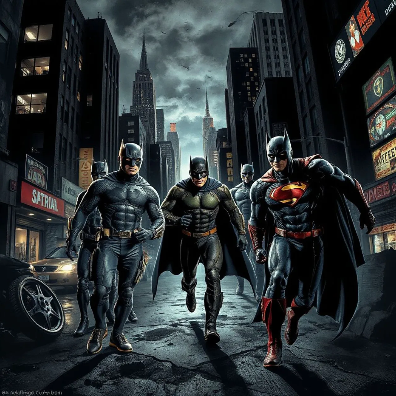 Capa sombria do Midnight Universe ao lado da vibrante arte do Absolute Universe, com logos da Marvel e DC em destaque