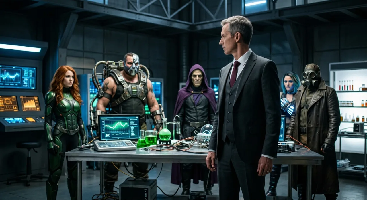 Lex Luthor levanta barra de ferro, cercado por hologramas de Loki, Doom, Red Skull, The Leader e Apocalypse